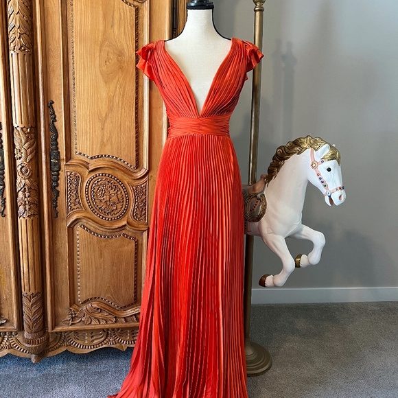 NWT Mac Duggal 26729 [12] Pleated Ruffled Cap Sleeve Cut Out Lace Up Gown Orange - Picture 1 of 12